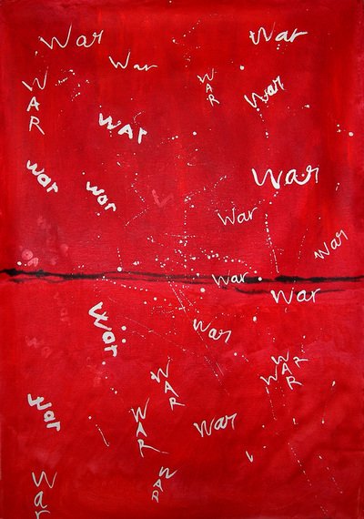 It is raining WAR!, Iman Shaggag, 2003, Acrylic & ink on canvas 36" x 52"