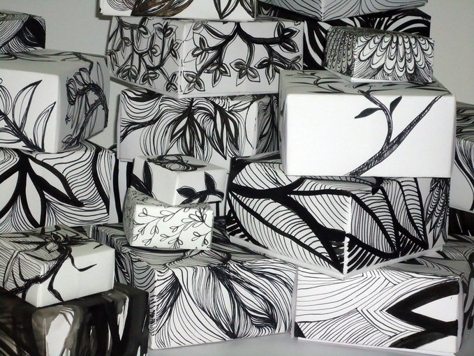 "The Gift of Poetry" installation, Iman Shaggag, 2015, hand made paper boxes with illustrations done using black Chines ink