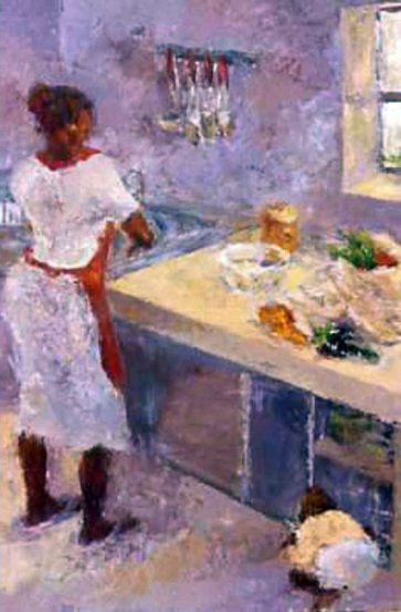In the kitchen, Iman Shaggag 1996, oil on wood, using palette knife