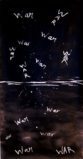 It is raining WAR!, Iman Shaggag, 2003, Acrylic & ink on canvas 36" x 52"