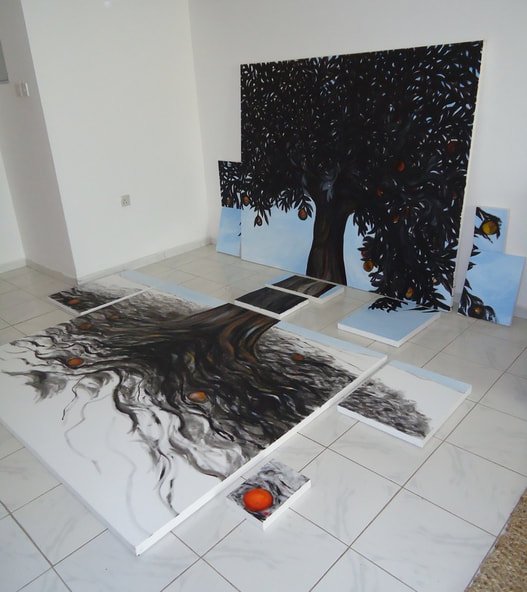 "apart", mixed media, painting spread into 12 different size canvas, as follows:
2 canvas (40 x 50 cm)
4 canvas (30 x 40 cm)
2 canvas (18 x 26 cm)
2 canvas (152 x 183 cm each)