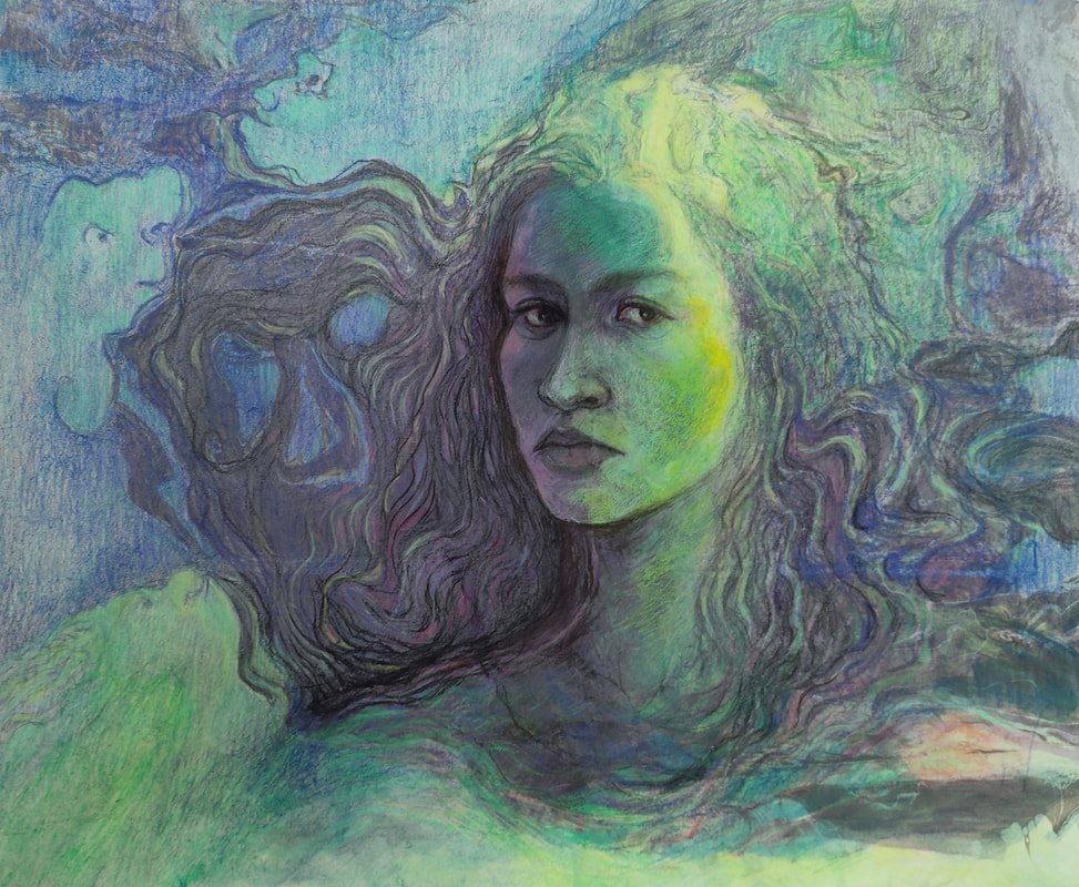 Faces and reflections, 2022, mixed media on Japanese kozo paper, 52x42 cm